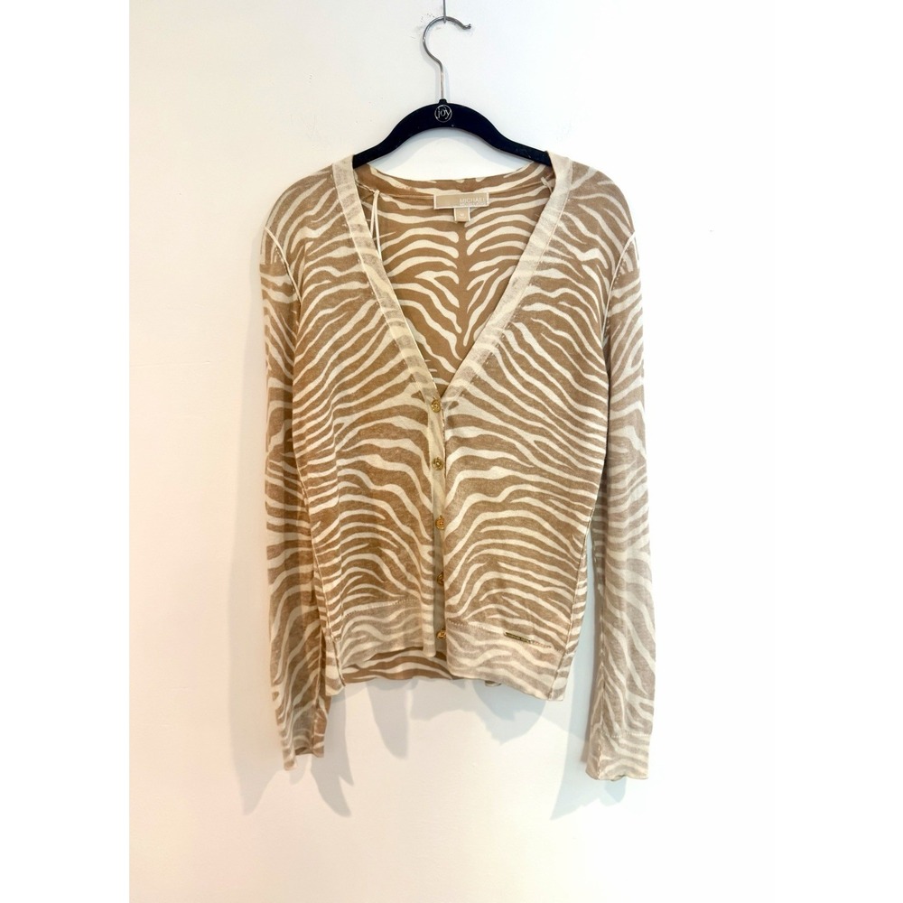 Michael Kors Cardigan Animal Print Zebra Sweater Beige Sz M Lightweight Cotton